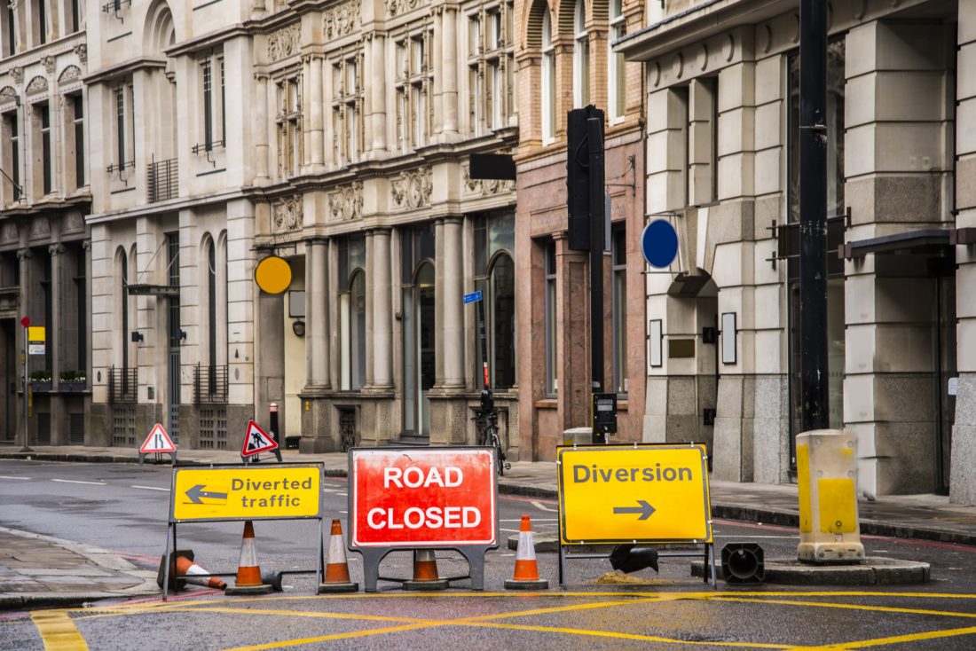 A closed street in London, UK.