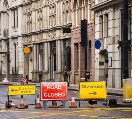 A closed street in London, UK.